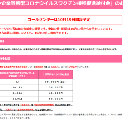 「中小企業等新型コロナウイルスワクチン接種促進給付金」のお知らせ